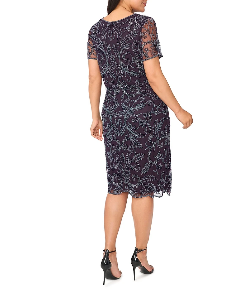 Pisarro Nights Plus Size Beaded Mesh Short Sleeve Midi Gown