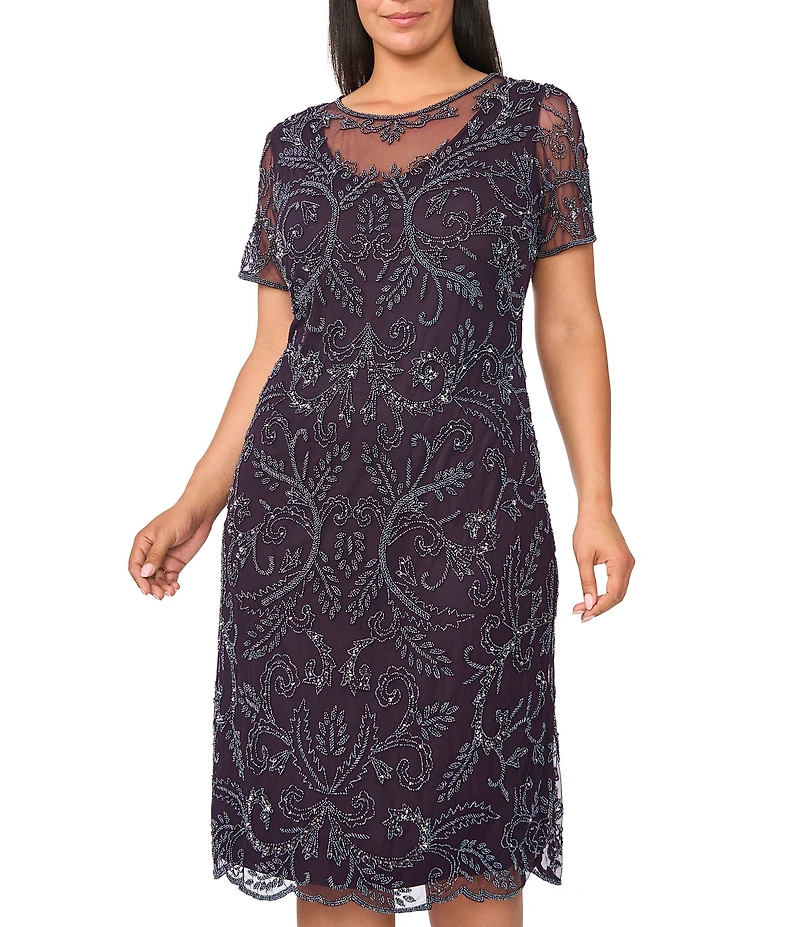 Pisarro Nights Plus Size Beaded Mesh Short Sleeve Midi Gown