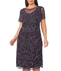 Pisarro Nights Plus Size Beaded Mesh Short Sleeve Midi Gown