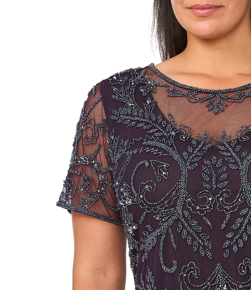 Pisarro Nights Plus Size Beaded Mesh Short Sleeve Midi Gown
