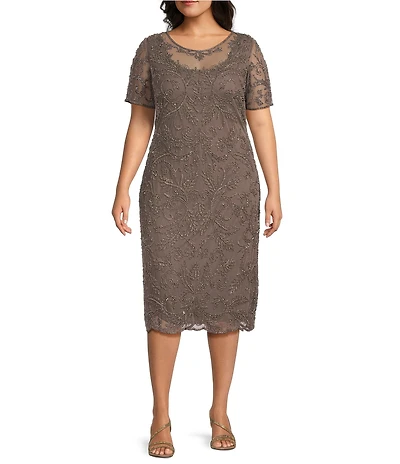 Pisarro Nights Plus Size Beaded Mesh Short Sleeve Midi Gown