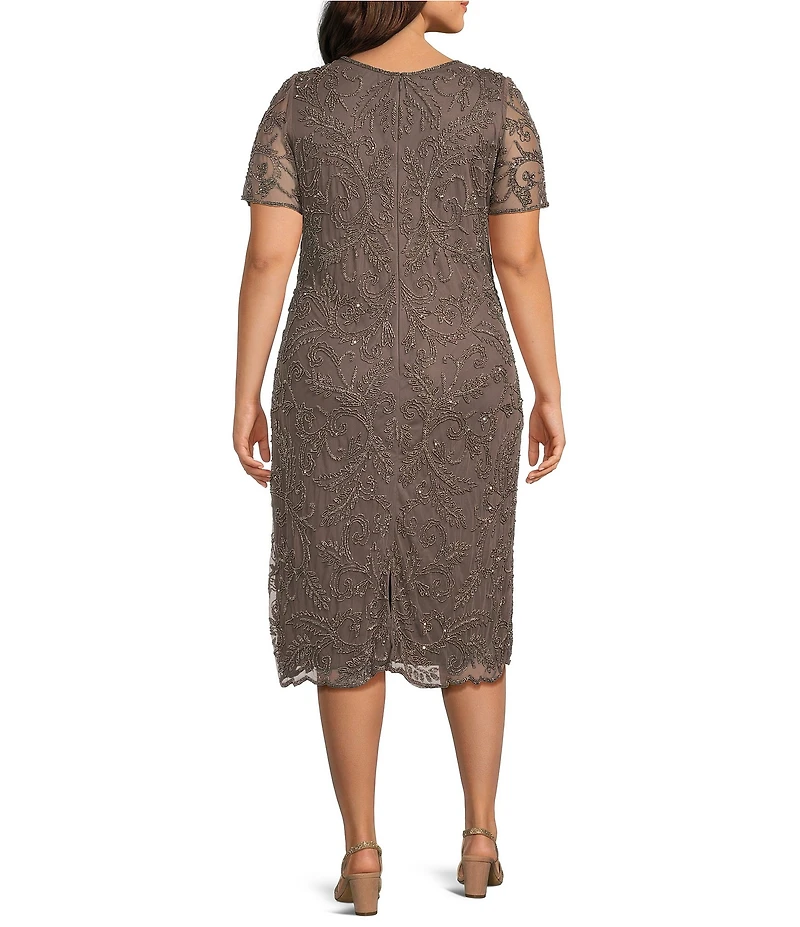 Pisarro Nights Plus Size Beaded Mesh Short Sleeve Midi Gown