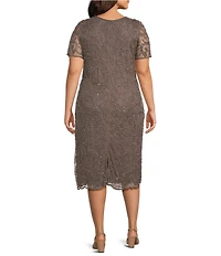 Pisarro Nights Plus Size Beaded Mesh Short Sleeve Midi Gown
