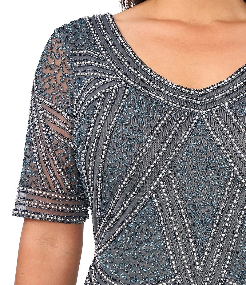 Pisarro Nights Plus Size Beaded Mesh V-Neck Short Sleeve Sheath Midi Dress