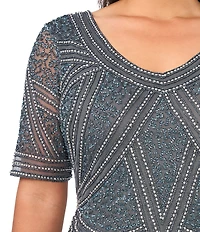 Pisarro Nights Plus Size Beaded Mesh V-Neck Short Sleeve Sheath Midi Dress