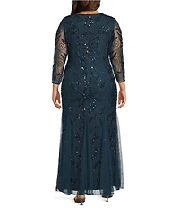 Pisarro Nights Plus Size Beaded Sequin Boat Neck Illusion 3/4 Sleeve Gown