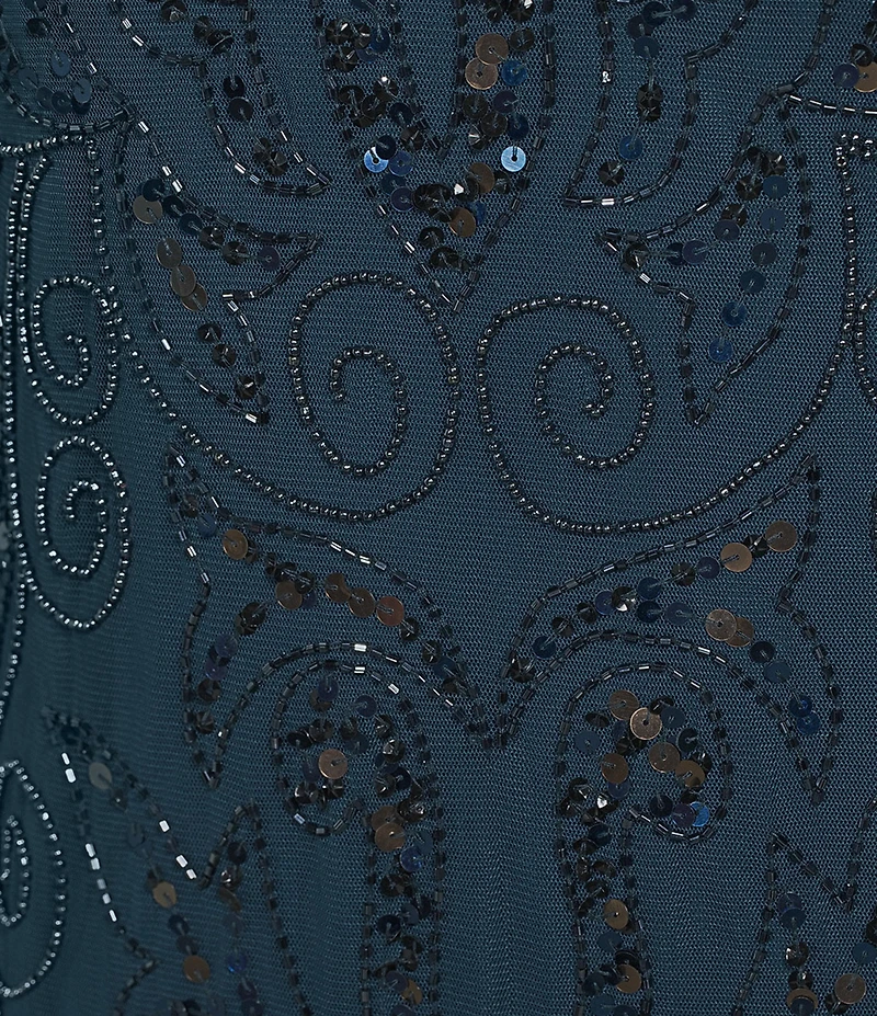 Pisarro Nights Plus Size Beaded Sequin Boat Neck Illusion 3/4 Sleeve Gown