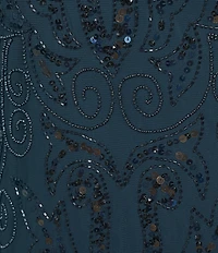 Pisarro Nights Plus Size Beaded Sequin Boat Neck Illusion 3/4 Sleeve Gown