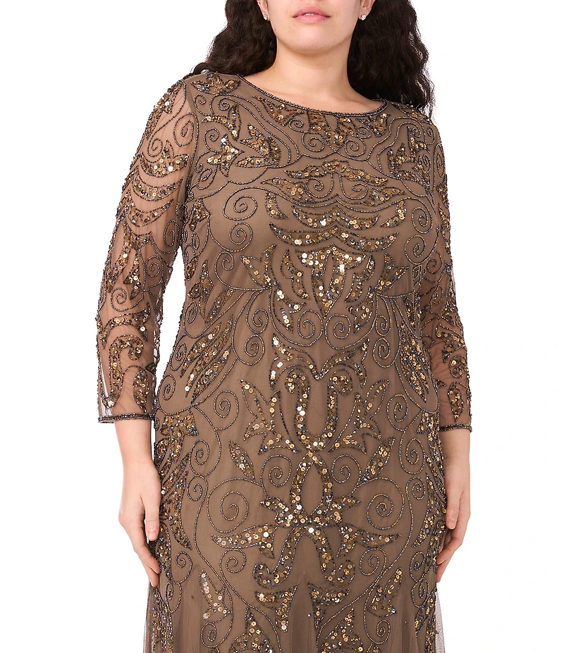 Pisarro Nights Plus Size Beaded Sequin Boat Neck Illusion 3/4 Sleeve Gown