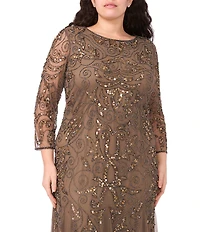 Pisarro Nights Plus Size Beaded Sequin Boat Neck Illusion 3/4 Sleeve Gown