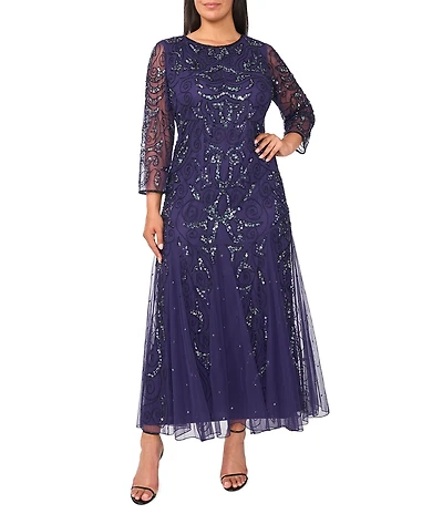 Pisarro Nights Plus Size Beaded Sequin Boat Neck Illusion 3/4 Sleeve Gown
