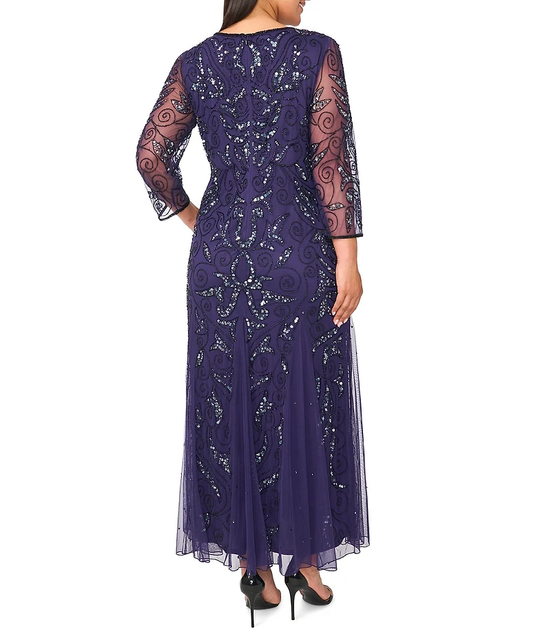Pisarro Nights Plus Size Beaded Sequin Boat Neck Illusion 3/4 Sleeve Gown