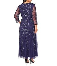 Pisarro Nights Plus Size Beaded Sequin Boat Neck Illusion 3/4 Sleeve Gown