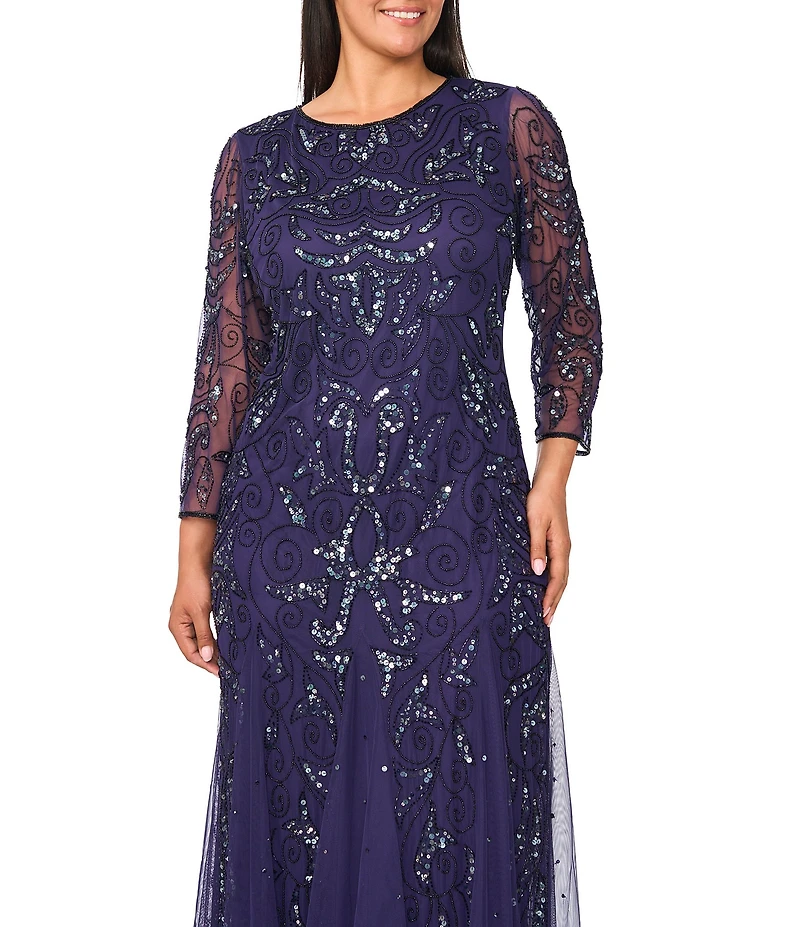 Pisarro Nights Plus Size Beaded Sequin Boat Neck Illusion 3/4 Sleeve Gown