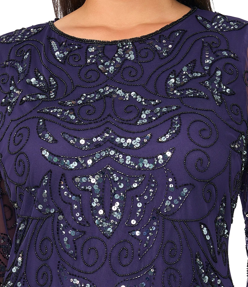Pisarro Nights Plus Size Beaded Sequin Boat Neck Illusion 3/4 Sleeve Gown