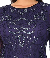 Pisarro Nights Plus Size Beaded Sequin Boat Neck Illusion 3/4 Sleeve Gown
