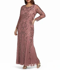 Pisarro Nights Plus Size Beaded Sequin Boat Neck Illusion 3/4 Sleeve Gown
