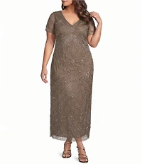 Pisarro Nights Plus Size Beaded V-Neck Short Sleeve Sheath Gown