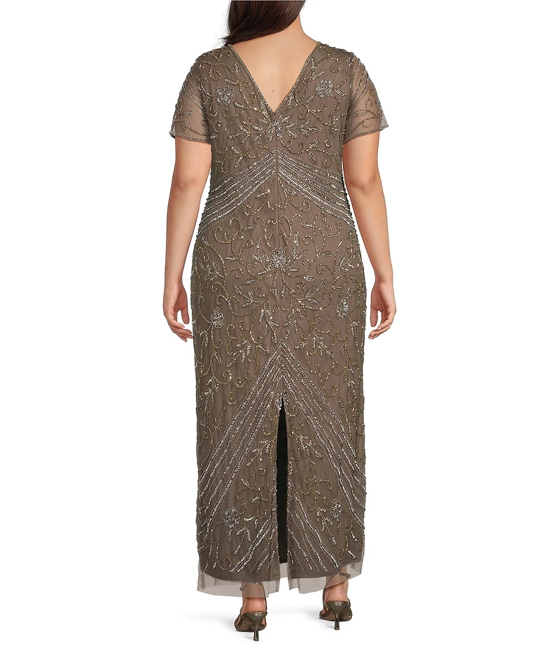Pisarro Nights Plus Size Beaded V-Neck Short Sleeve Sheath Gown