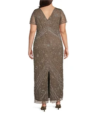 Pisarro Nights Plus Size Beaded V-Neck Short Sleeve Sheath Gown