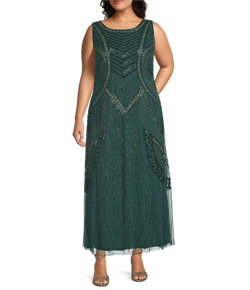 Pisarro Nights Plus Size Chevron Motif Beaded Mesh Boat Neck Sleeveless Gown