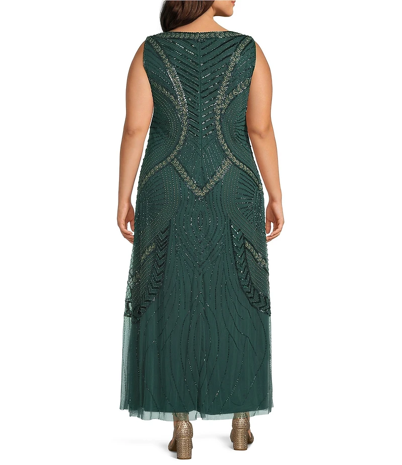 Pisarro Nights Plus Size Chevron Motif Beaded Mesh Boat Neck Sleeveless Gown