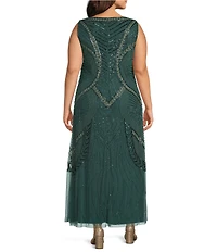 Pisarro Nights Plus Size Chevron Motif Beaded Mesh Boat Neck Sleeveless Gown