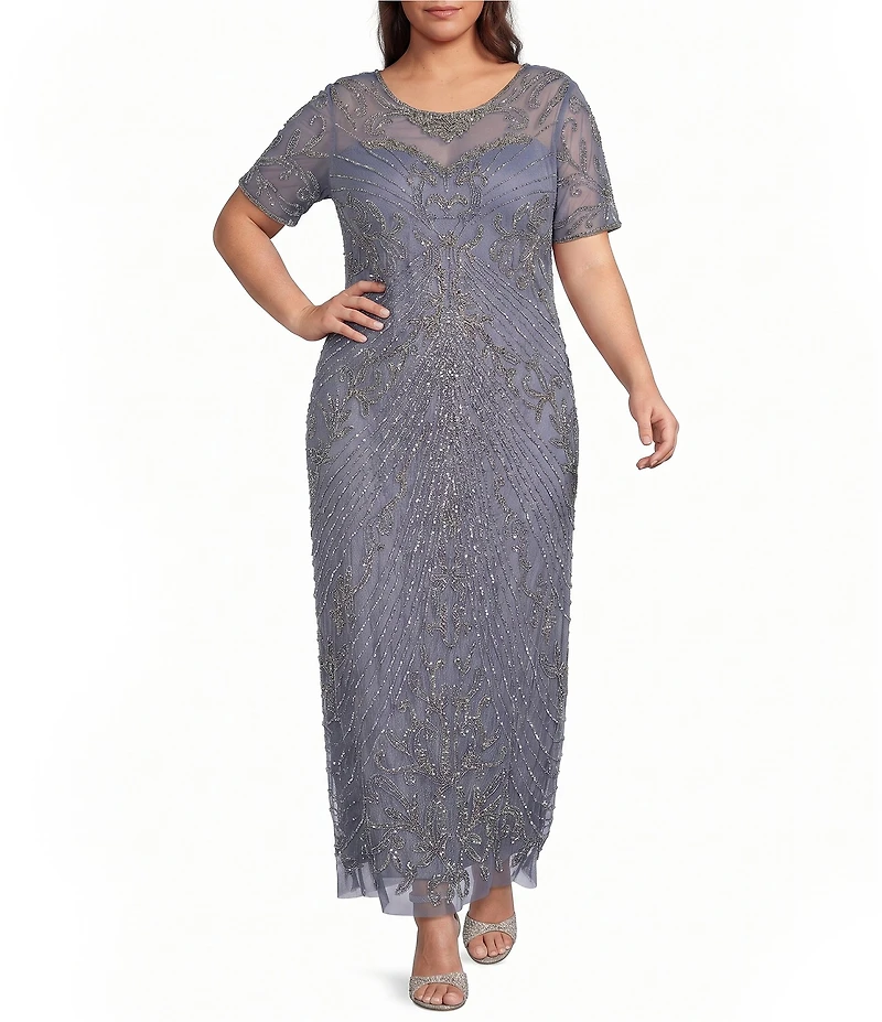 Pisarro Nights Plus Size Illusion Neckline Short Sleeve Mesh Beaded Long Gown