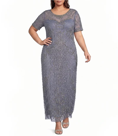 Pisarro Nights Plus Size Illusion Neckline Short Sleeve Mesh Beaded Long Gown