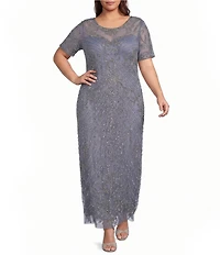 Pisarro Nights Plus Size Illusion Neckline Short Sleeve Mesh Beaded Long Gown