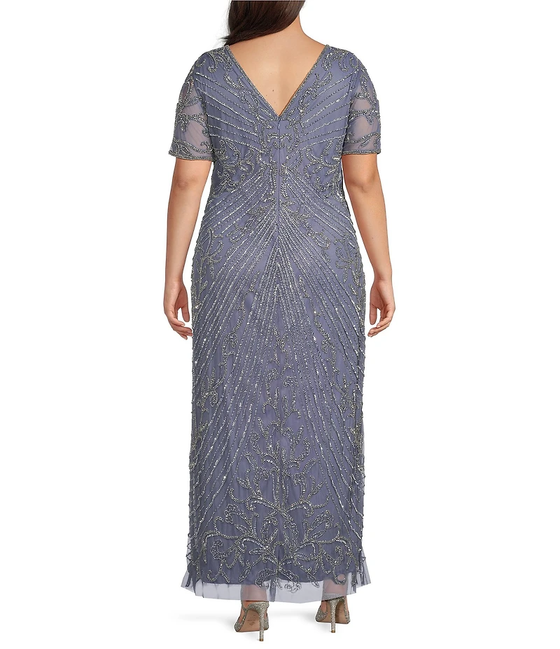 Pisarro Nights Plus Size Illusion Neckline Short Sleeve Mesh Beaded Long Gown