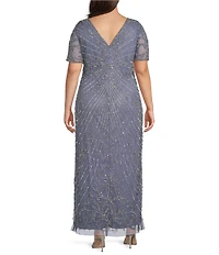 Pisarro Nights Plus Size Illusion Neckline Short Sleeve Mesh Beaded Long Gown