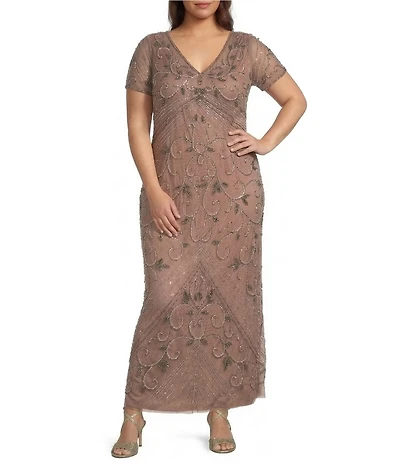 Pisarro Nights Plus Size Size V-Neck Short Sleeve Beaded Gown