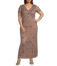 Pisarro Nights Plus Size Size V-Neck Short Sleeve Beaded Gown