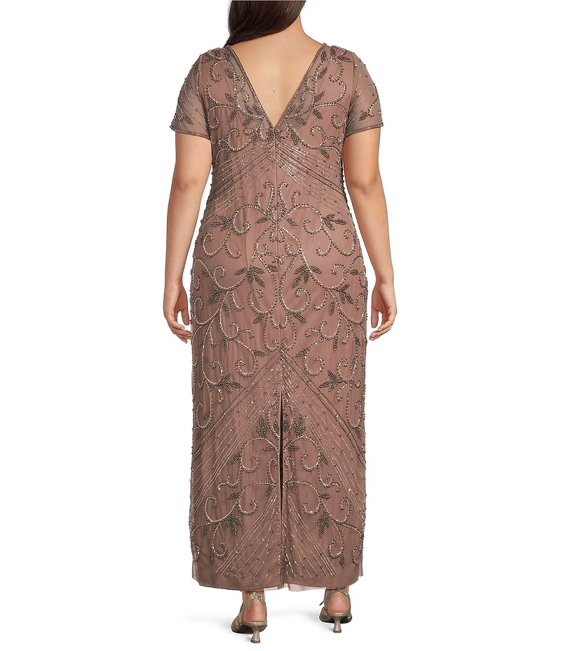 Pisarro Nights Plus Size Size V-Neck Short Sleeve Beaded Gown