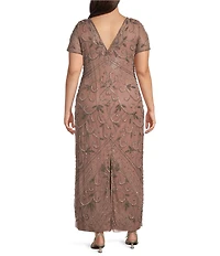 Pisarro Nights Plus Size Size V-Neck Short Sleeve Beaded Gown