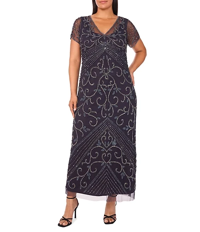 Pisarro Nights Plus Size Size V-Neck Short Sleeve Beaded Gown
