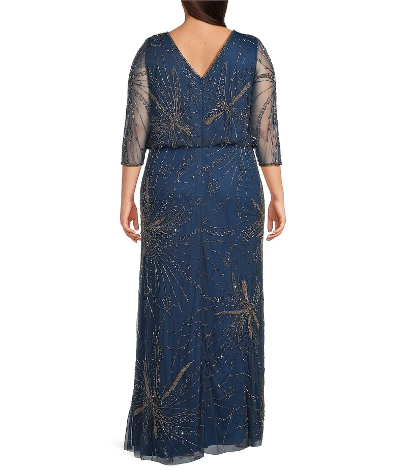 Pisarro Nights Plus Size U-Neck 3/4 Sleeve Long Beaded Dress