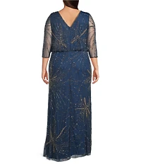 Pisarro Nights Plus Size U-Neck 3/4 Sleeve Long Beaded Dress