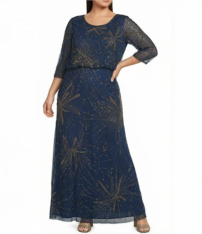 Pisarro Nights Plus Size U-Neck 3/4 Sleeve Long Beaded Dress