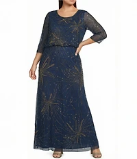 Pisarro Nights Plus Size U-Neck 3/4 Sleeve Long Beaded Dress