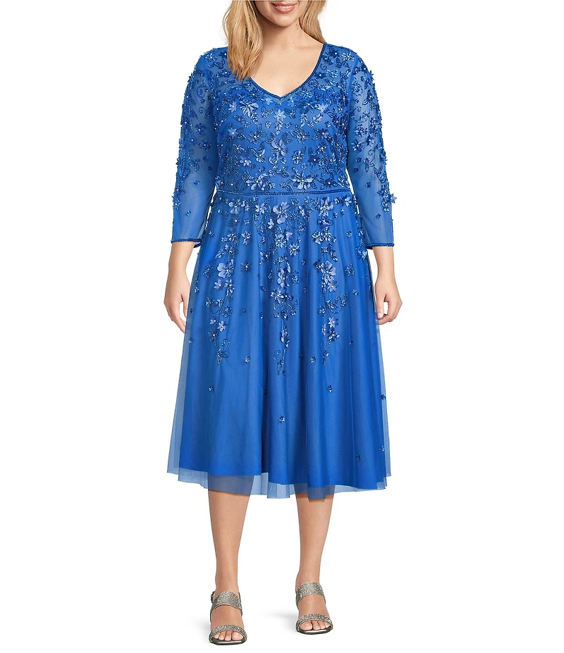 Pisarro Nights Plus Size V-Neck 3/4 Sleeve Beaded Mesh Floral Embroidered Midi Dress