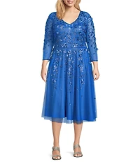 Pisarro Nights Plus Size V-Neck 3/4 Sleeve Beaded Mesh Floral Embroidered Midi Dress