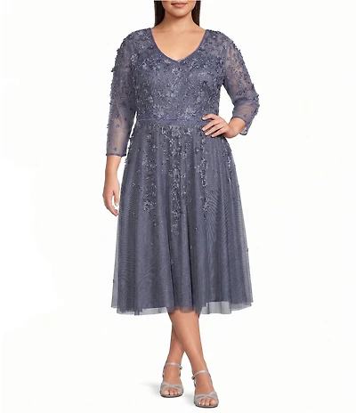 Pisarro Nights Plus Size V-Neck 3/4 Sleeve Beaded Mesh Floral Embroidered Midi Dress