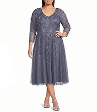Pisarro Nights Plus Size V-Neck 3/4 Sleeve Beaded Mesh Floral Embroidered Midi Dress