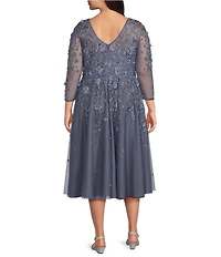 Pisarro Nights Plus Size V-Neck 3/4 Sleeve Beaded Mesh Floral Embroidered Midi Dress