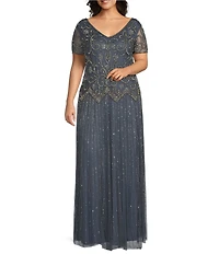Pisarro Nights Plus Size V-Neck Cap Sleeve Beaded Sheath Gown