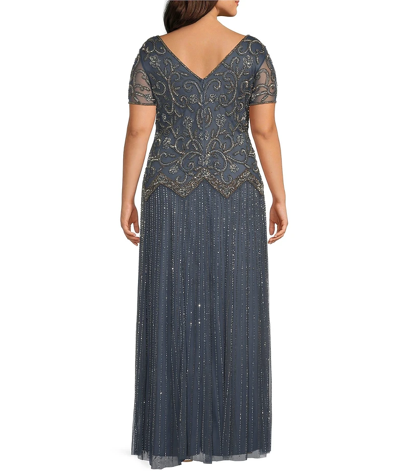 Pisarro Nights Plus Size V-Neck Cap Sleeve Beaded Sheath Gown