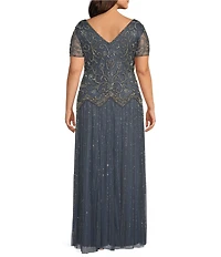 Pisarro Nights Plus Size V-Neck Cap Sleeve Beaded Sheath Gown