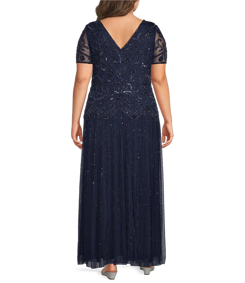 Pisarro Nights Plus Size V-Neck Short Sleeve Beaded Sheath Gown